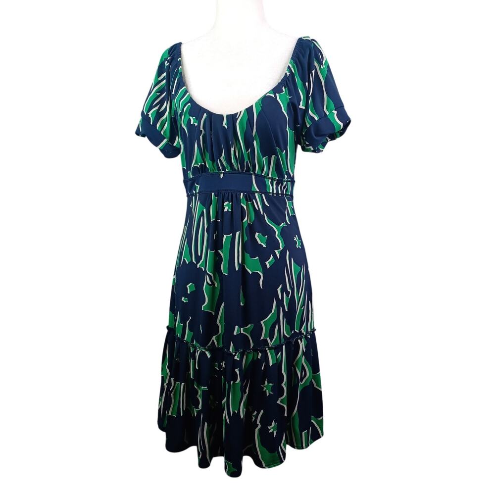 Vintage Y2K BCBG MAXAZRIA‎ Babydoll Dress S Navy Green Floral Puff Sleeve Empire